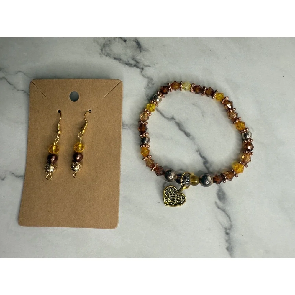 handmade beaded earrings and bracelet set brown, yellow and gold tone heart